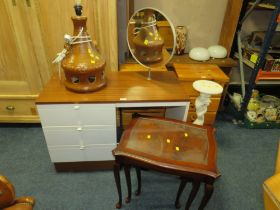 A RETRO PEDESTAL DRESSING TABLE WITH A STUDIO LAMP, NEST OF TABLES AND A PEDESTAL (4)