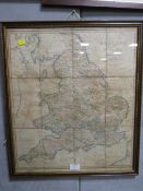 A VINTAGE FRAMED AND GLAZED ENGLAND AND WALES ROAD MAP