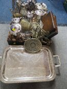 A TRAY OF ASSORTED METAL WARE ETC TO INCLUDE A GALLERY TRAY