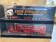 A PAIR OF 1:50 SCALE CORGI ARTICULATED LORRIES WITH TRAILERS - EDDIE STOBART AND JAMES IRLAM