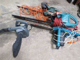 FOUR ITEMS TO INCLUDE TWO ELECTRIC HEDGE TRIMMERS, A LEAF BLOWER AND AN ELECTRIC CHAIN SAW