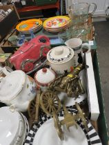 TWO TRAYS OF CERAMICS ETC, RACING CAR TEA POT, WEDGWOOD , BIZARRE PLATES ETC