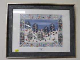 GORDON BARKER A FRAMED AND GLAZED MIXED MEDIA - 'SNOW SPORTS'