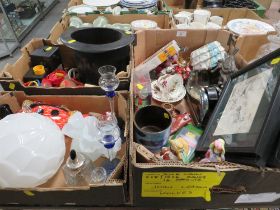 THREE TRAY OF SUNDRIES TO INCLUDE A MURANO STYLE CLOWN DECANTER AND A BOX OF MAGIC TRICKS