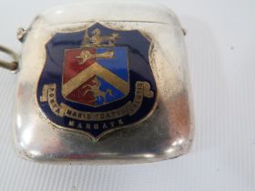 AN ENAMEL AND SILVER PLATED VESTA CASE, THE LATER APPLIED THE TOWN BADGE OF MARGATE