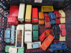 TWENTY TWO UNBOXED VINTAGE DINKY VEHICLES TO INCLUDE CARS, BUSES, LORRIES, TRAIN ETC (POLICE LAND