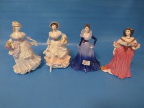 FOUR COALPORT FIGURINES TO INCLUDE LADIES OF FASHION ANNE , LADY CASTLEMAIN , MILKMAID AND (