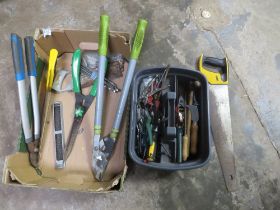 A LARGE BOX OF TOOLS TO INC SAWS, LOPPERS, PRUNERS, ALLEN KEYS, SPANNERS, HAND SHEARS, FILES SCREW