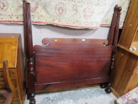 A MAHOGANY BALL AND CLAW DOUBLE BED FRAME WITH PINEAPPLE FINIALS ( ONE ABSENT ) W 145 CM