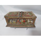 A VINTAGE HUNTLEY AND PALMER MEDIEVAL THEMED BISCUIT TIN, of rectangular form, with twin hinged