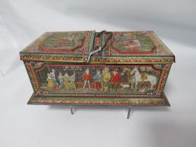 A VINTAGE HUNTLEY AND PALMER MEDIEVAL THEMED BISCUIT TIN, of rectangular form, with twin hinged