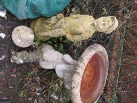 A CONCRETE GARDEN BIRDBATH AND THREE GARDEN STATUES