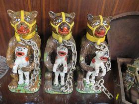 THREE REPRODUCTION BEAR JUGS TOGETHER WITH A TOWER JUG A/F