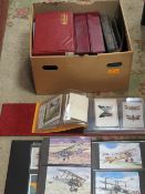 A QUANTITY OF POSTCARD ALBUMS TO INCLUDE MILITARY, BUTTERFLYS CIGARETTE CARDS ETC