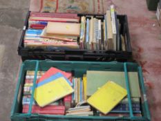 TWO TRAYS OF ANTIQUE AND VINTAGE BOOKS, ANNUALS TO INCLUDE LADYBIRD EXAMPLES, P.G WOODHOUSE ETC