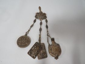 A PLATED CHATELAINE WITH SCENT BOTTLE ETC