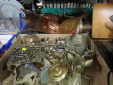 TWO BOXES OF ASSORTED BRASS, COPPER WARE ETC