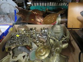 TWO BOXES OF ASSORTED BRASS, COPPER WARE ETC