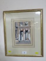 A WATER COLOUR BY PAUL BISSON DEPICTING A STREET SCENE