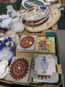 THREE TRAYS OF ASSORTED CERAMICS TO INCLUDE TILES, INDIAN TREEN ETC