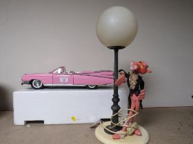 A MAISTO TIN PLATE PINK CADILLAC TOGETHER WITH AN ITALIAN PINK PANTHER TABLE LAMP