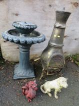 FOUR GARDEN ITEMS TO INCLUDE A CHIMINEA, A RESIN BIRD BATH FOUNTAIN AND TWO RESIN GARDEN STATUES