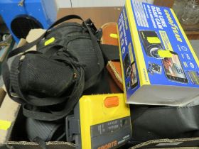 A BOX OF ASSORTED CAMERAS, BINOCULARS ETC