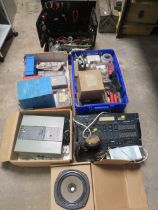 A SELECTION OF ELECTRICAL PARTS AND TOOLS WITH A STRONG BOX, BOXED SLIDE PROJECTOR AND TOOL BOX WITH