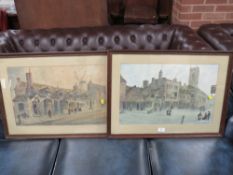 A PAIR OF FRAMED AND GLAZED PAUL BRADDON WATERCOLOURS OF TOWN SCENES