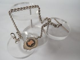 A GENTS ANTIQUE SILVER POCKET WATCH ALBERT CHAIN