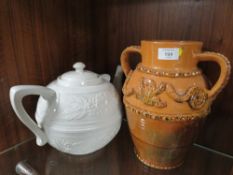 A LARGE CREAM WARE TEA POT TOGETHER WITH A STONE WARE FROG TWIN HANDLED VASE