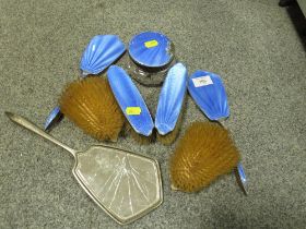 SEVEN HALLMARKED SILVER AND BLUE GUILLOCHE ENAMEL DRESSING TABLE ITEMS ALL A/F - SOME BADLY DAMAGED