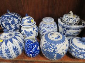 A LARGE QUANTITY OF BLUE/WHITE LIDDED JARS ,POTS ETC