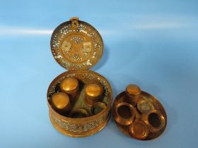 A PIERCED COPPER SENSOR COMPLETE WITH 2 BURNER POTS WITH STANDS AND COVERS, 3 OIL POTS AND COPPER