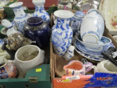 TWO TRAYS OF BLUE/WHITE WARE VASES ETC