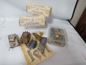 A COLLECTION OF MILITARY AND ROYAL TOYS ETC TO INCLUDE A POWDER FLASK