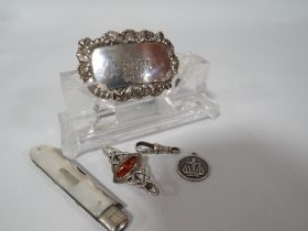 A HALLMARKED SILVER RUM BOTTLE LABEL, A LOBSTER FITTING, SMALL PENDANT, BROOCH WITH STONE, FRUIT