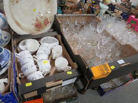 TWO TRAYS OF GLASSES TO INCLUDE CRYSTAL, TEA SET, WASH BOWL