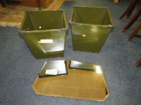 TWO VINTAGE METAL WASTE PAPER BINS AND A MIRROR