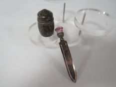 A HALLMARKED SILVER BOOK OR PAGE MARKER AND SILVER PEPPER