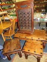 A COLONIAL STYLE HARDWOOD COFFEE TABLE, WINE RACK AND 2 LAMP TABLES
