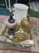 A TABLE LAMP, RETRO GLASS SHADES ETC