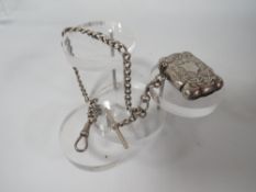 A GENTS ANTIQUE SILVER POCKET WATCH ALBERT CHAIN AND SILVER VESTA