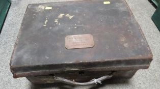 A VINTAGE SUITCASE WITH NAME PLAQUE FOR W.T PENNINGTON - MUNCASTER HALL, RAINFORD, NEAR ST. HELENS
