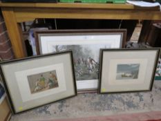 A LARGE 'BREAKING COVER' HUNTING PRINT AND A PAIR OF SPORTING PRINTS (3)