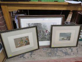 A LARGE 'BREAKING COVER' HUNTING PRINT AND A PAIR OF SPORTING PRINTS (3)
