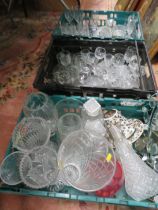 THREE TRAYS OF ASSORTED GLASS WARE TO INCLUDE CUT GLASS DRINKING GLASSES, VASES ETC