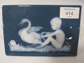 A LIMOGES PATE SUR PATE PLAQUE SIGNED LEROUX, depicting a child, swan and snail, 10.5 x 16 cm