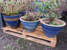 SIX LARGE BLUE CERAMIC GARDEN PLANTERS