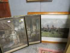 A LARGE FRAMED EQUESTRIAN COLOURED ENGRAVING 'McQUEENS STEEPLE CHASING' PLUS A PAIR OF ENGRAVINGS (